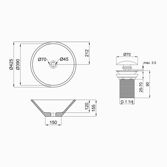 Раковина-чаша Qtap Amazon 425х425х155 White з донним клапаном QT0211K70W