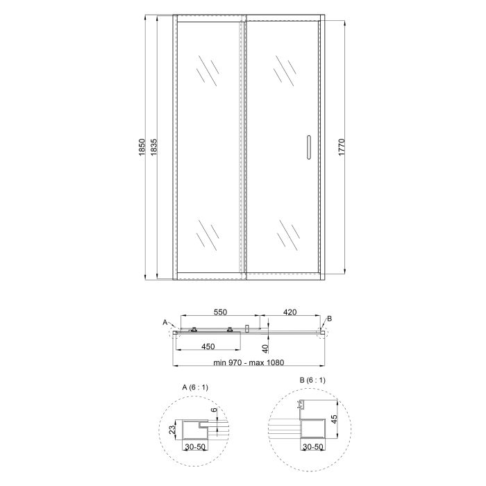 Душевые двери Qtap Taurus CRM201-11.C6 97-108x185 см, стекло Clear 6 мм, покрытие CalcLess