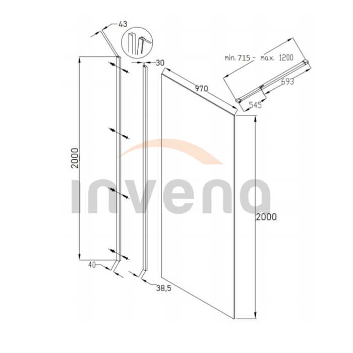 Душевая стенка Invena Walk In профиль черный 97x200 AK-32-104