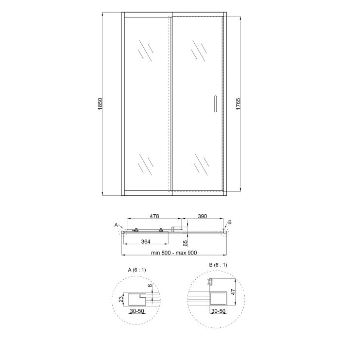 Душевые двери Qtap Taurus CRM208-9.C6 80-90x185 см, стекло Clear 6 мм, покрытие CalcLess
