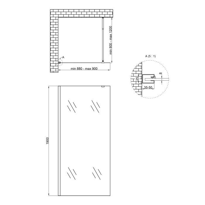 Душевая стенка-перегородка Qtap Walk-In Standard CRM209.C8 90х190 см, стекло Clear 8 мм, покрытие CalcLess