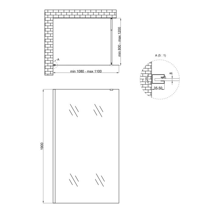 Душевая стенка-перегородка Qtap Walk-In Standard CRM2011.C8 110х190 см, стекло Clear 8 мм, покрытие CalcLess