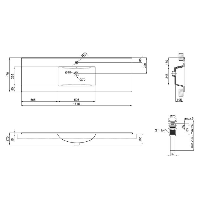 Раковина Qtap Albatross E 1500х460х180 White з донним клапаном QT01119150EW