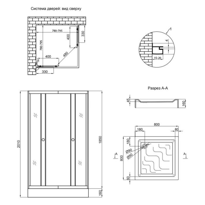 Душевая кабина Lidz Wawel SC80x80.SAT.LOW.GR, стекло тонированное 4 мм + поддон Mazur