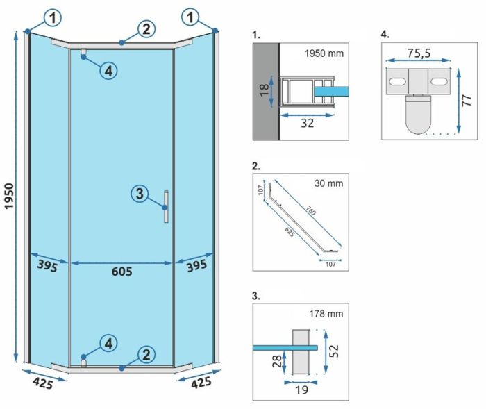 Душевая кабина Rea Axin 90x90 R/L хром + Душевой поддон 90x90 черный