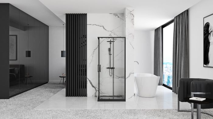 Душевая кабина Rea Punto 90x90 R/L черный + Душевой поддон Savoy черный