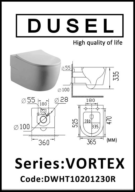 Унитаз подвесной Dusel Vortex DWHT10201230R с сиденьем Soft Close дюропласт